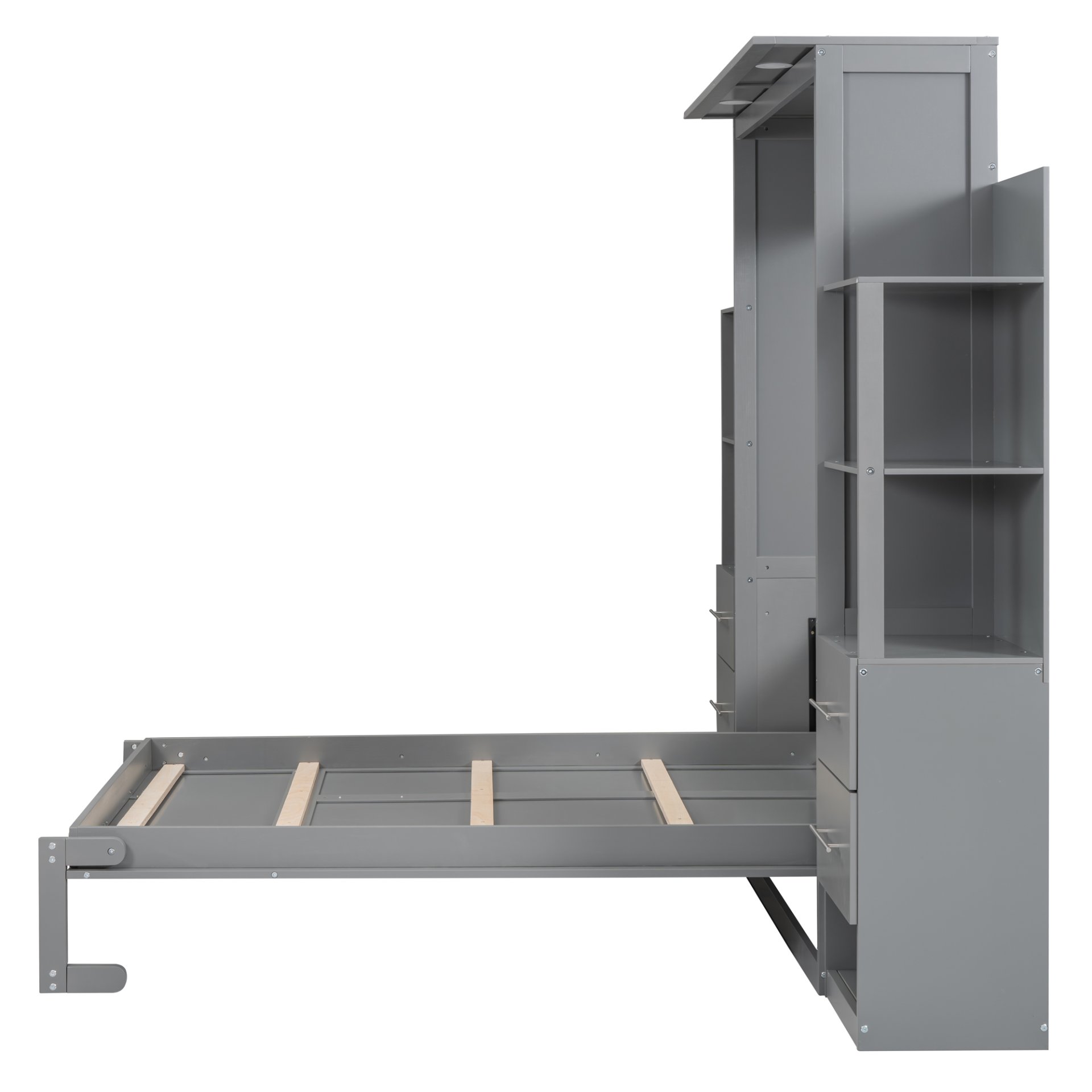 Full Size Murphy Wall Bed & Shelves, Drawers And LED Lights - Gray - Image 11