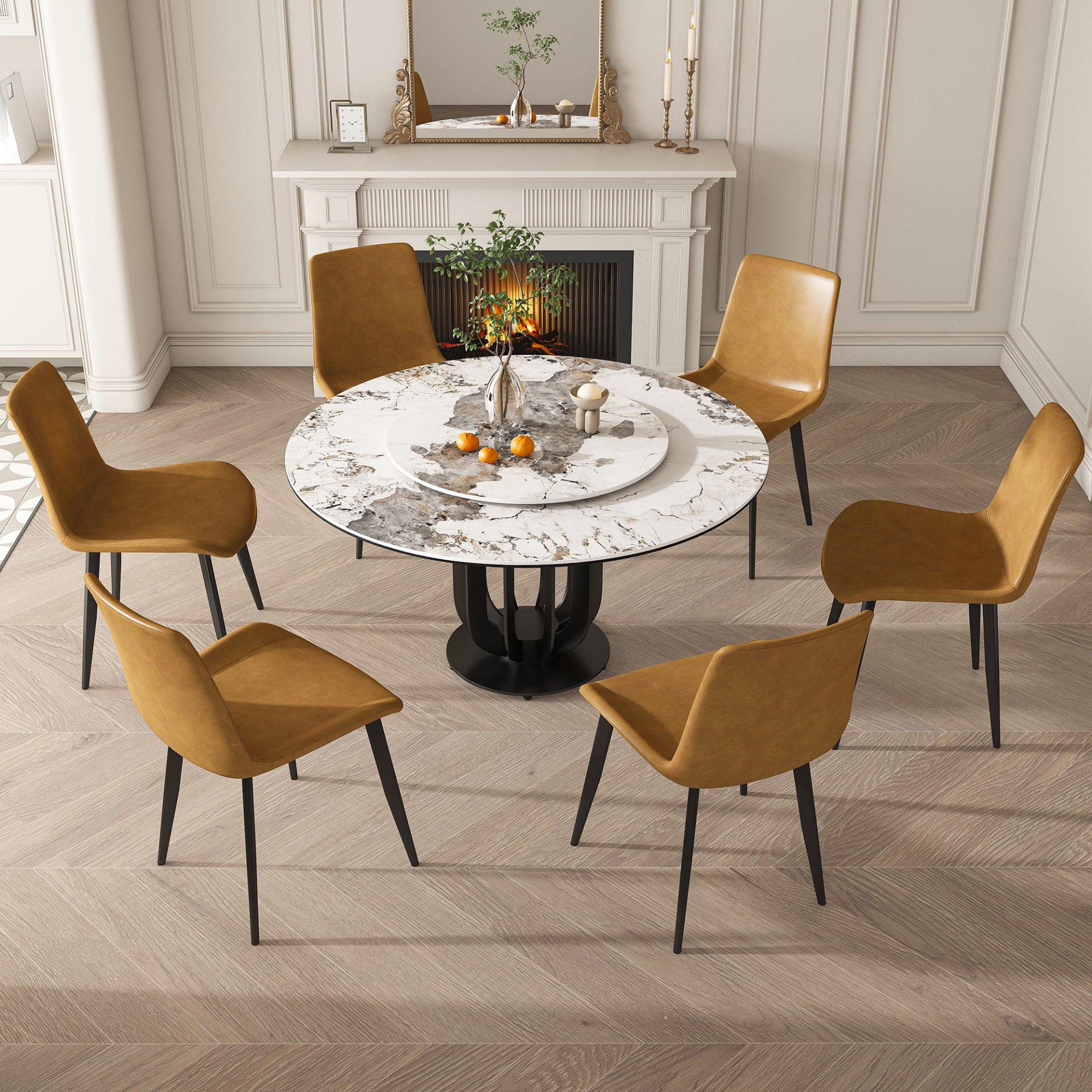 Round Dining Table With Carbon Steel Base And Lazy Susan Industrial Style - Black / White - Image 12