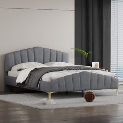 Queen Size Platform Bed With Thick, Stylish Stripe Decorated Bedboard And Elegant Leg - Gray