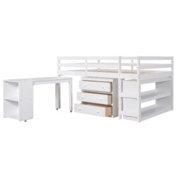 Full Loft Low Study Bed With Cabinet, Shelves And Rolling Portable Desk, Multiple Functions - White