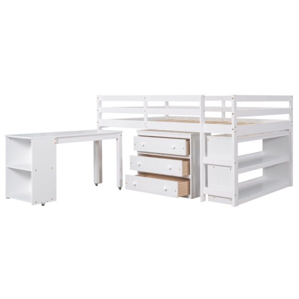 Full Loft Low Study Bed With Cabinet, Shelves And Rolling Portable Desk, Multiple Functions - White