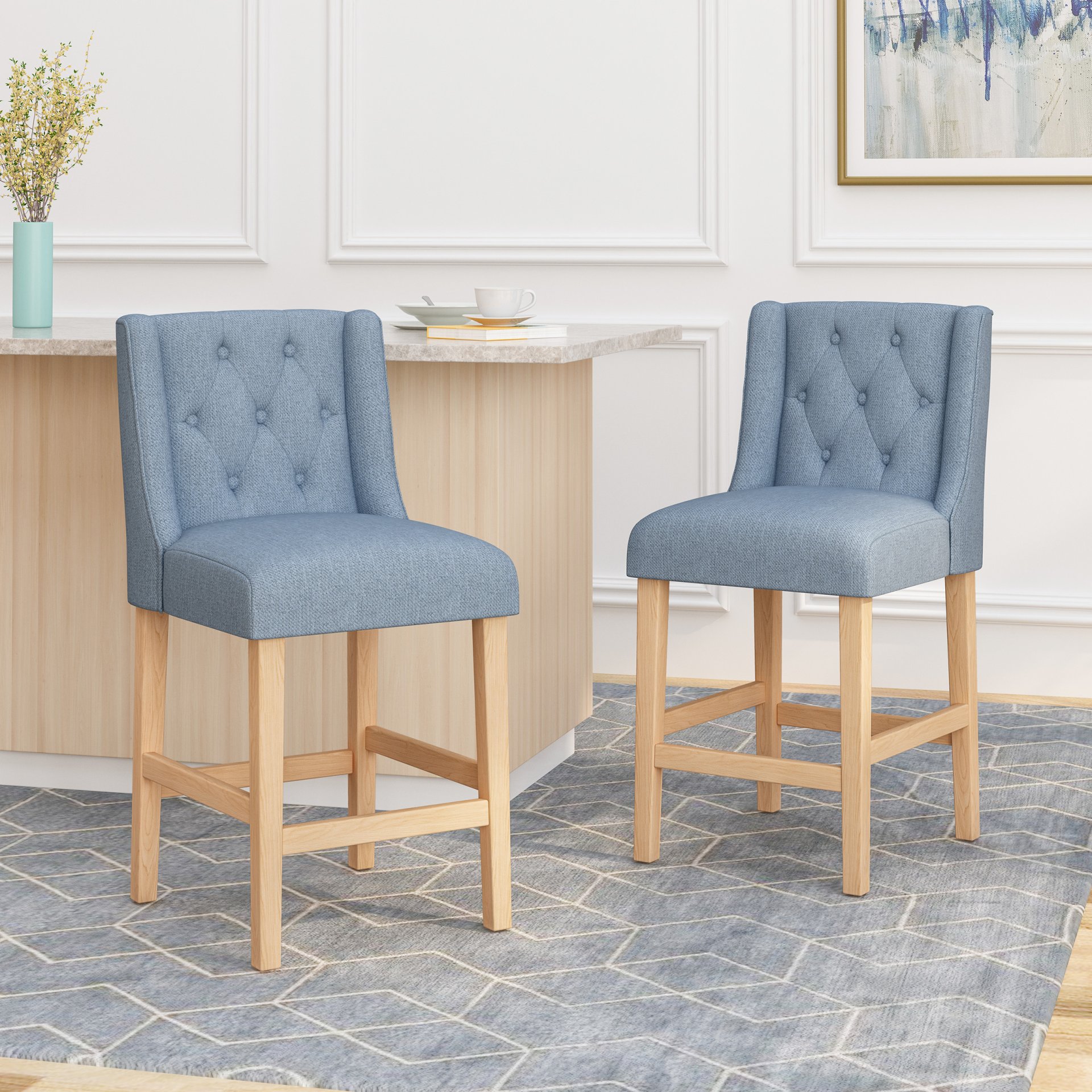 Vienna - Contemporary Fabric Tufted Wingback 27 Inch Counter Stools, (Set of 2) - Light Blue / Natural - Image 4