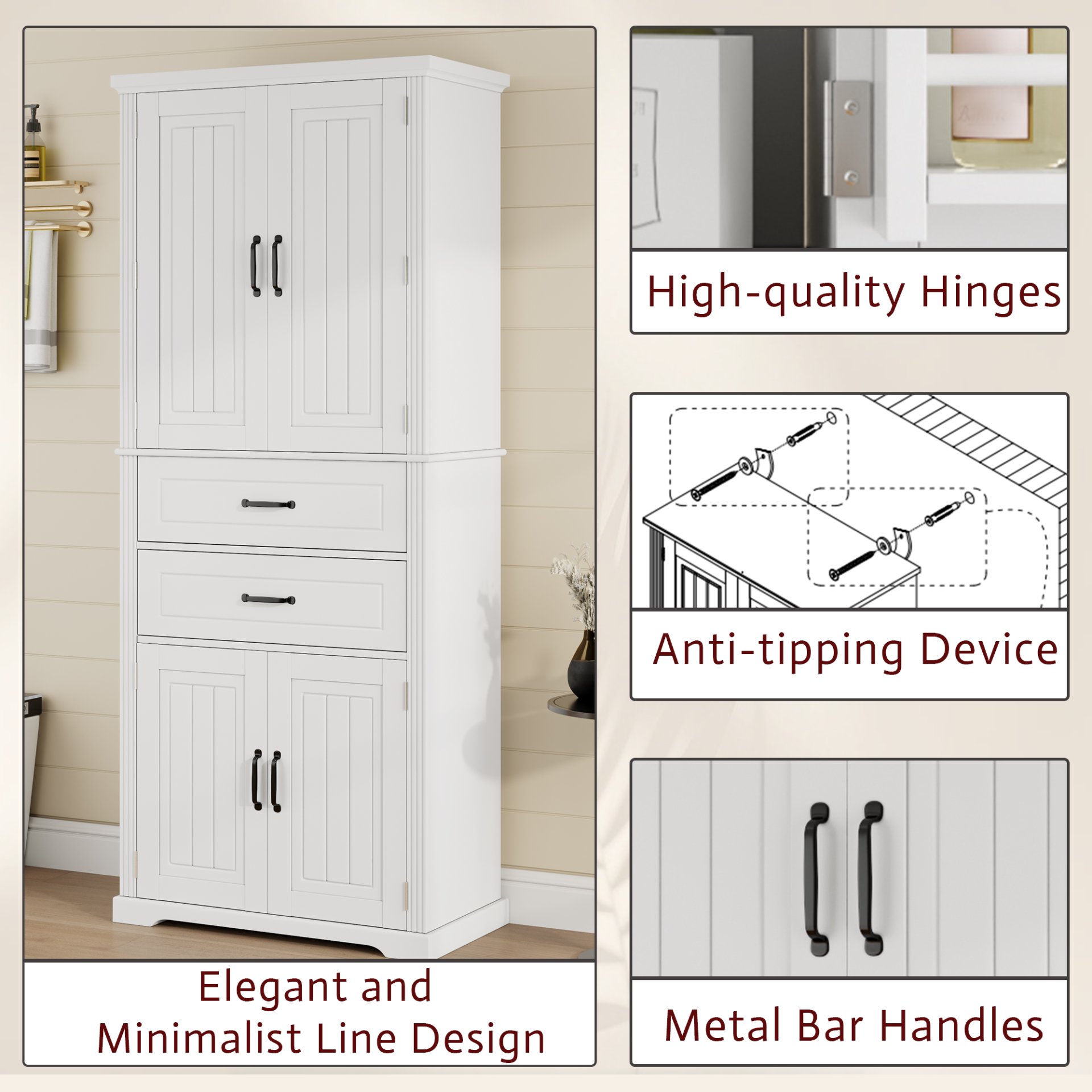 Elegant Multi Functional Storage Cabinet With Slide Rail Drawers, Adjustable Shelves - White - Image 9