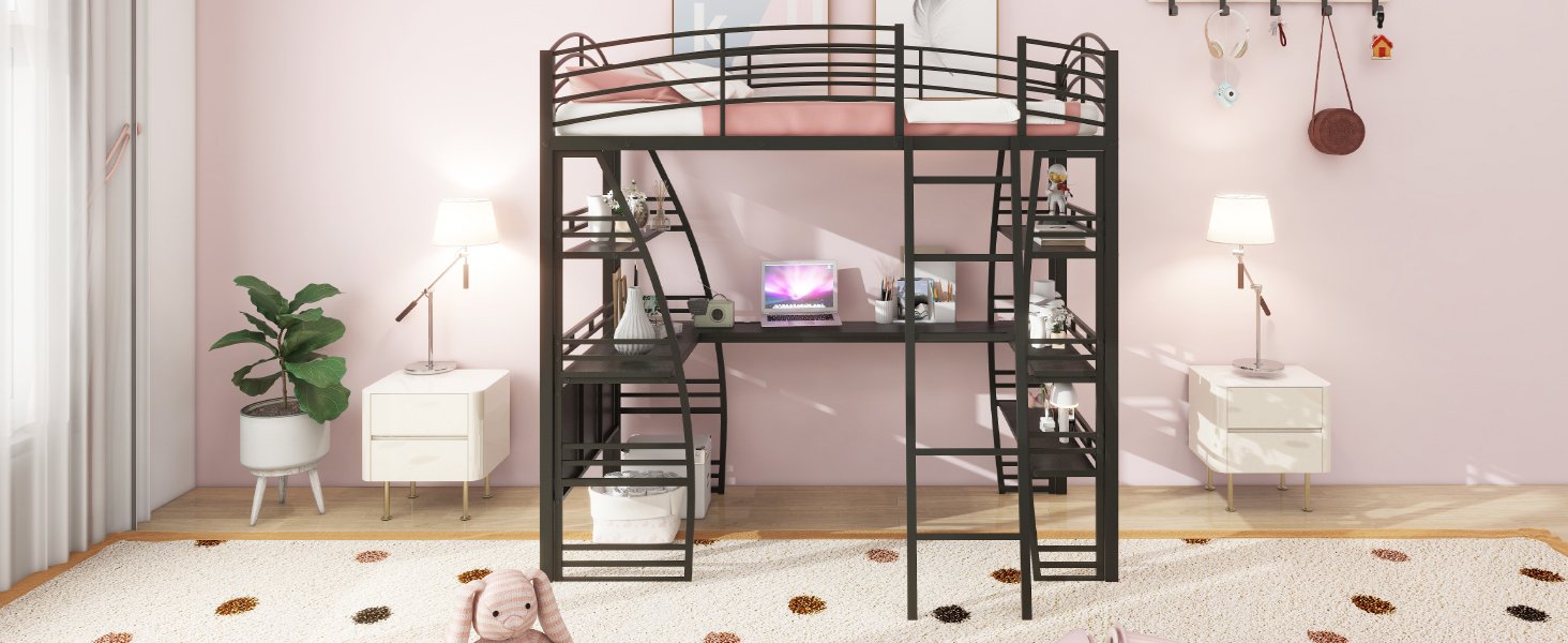 Twin Size Loft Bed With 4 Layers Of Shelves And L-Shaped Desk, Stylish Frame With A Set Of Sockets, USB Ports And Wireless Charging - Black - Image 14