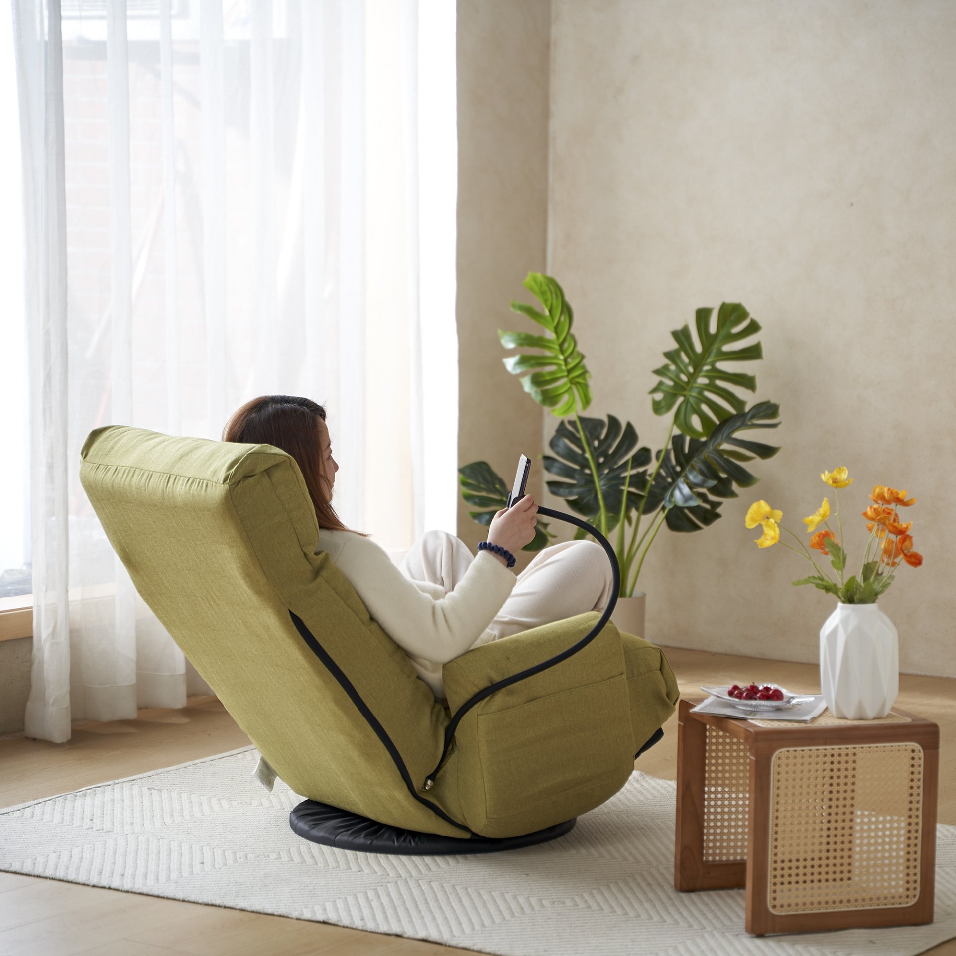 Adjustable Swivel Lounge Chair With 360 Degree Rotating Seat And Headrest Support Leisure Chair Deck Chair Game Chair For Living Room - Green - Image 4