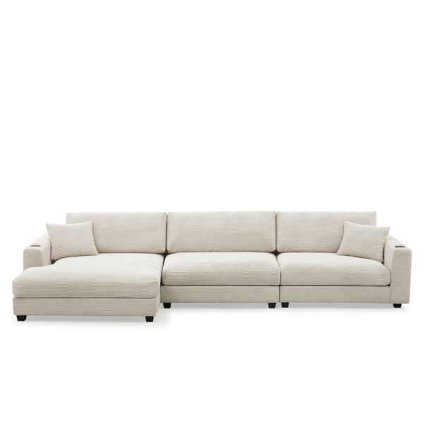 Oversized Corduroy Sectional Sofa, L Shaped Cloud Couch With USB Charging Port, Cup Holder, Deep Seat Sofa Bed With Chaise, Comfy Indoor Furniture - Beige