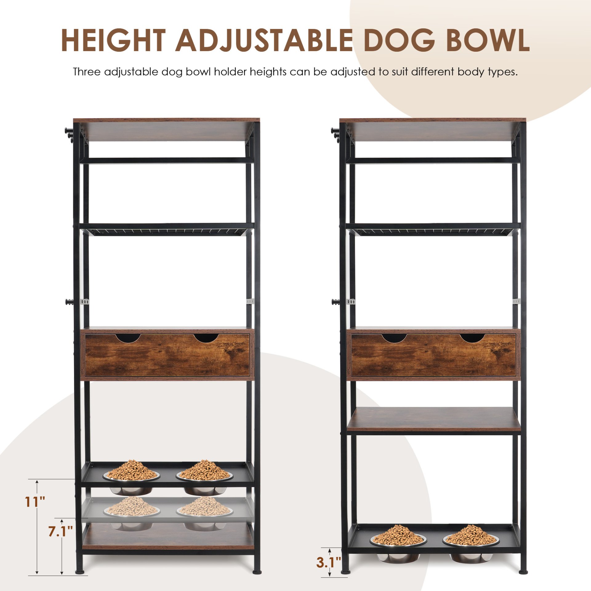 Dog Feeding Station, 3 Height Adjustable Raised Dog Bowls, Dog Feeder Station For Large Medium Dogs Cats, Dog Storage With Shelves - Black / Dark Brown - Image 5