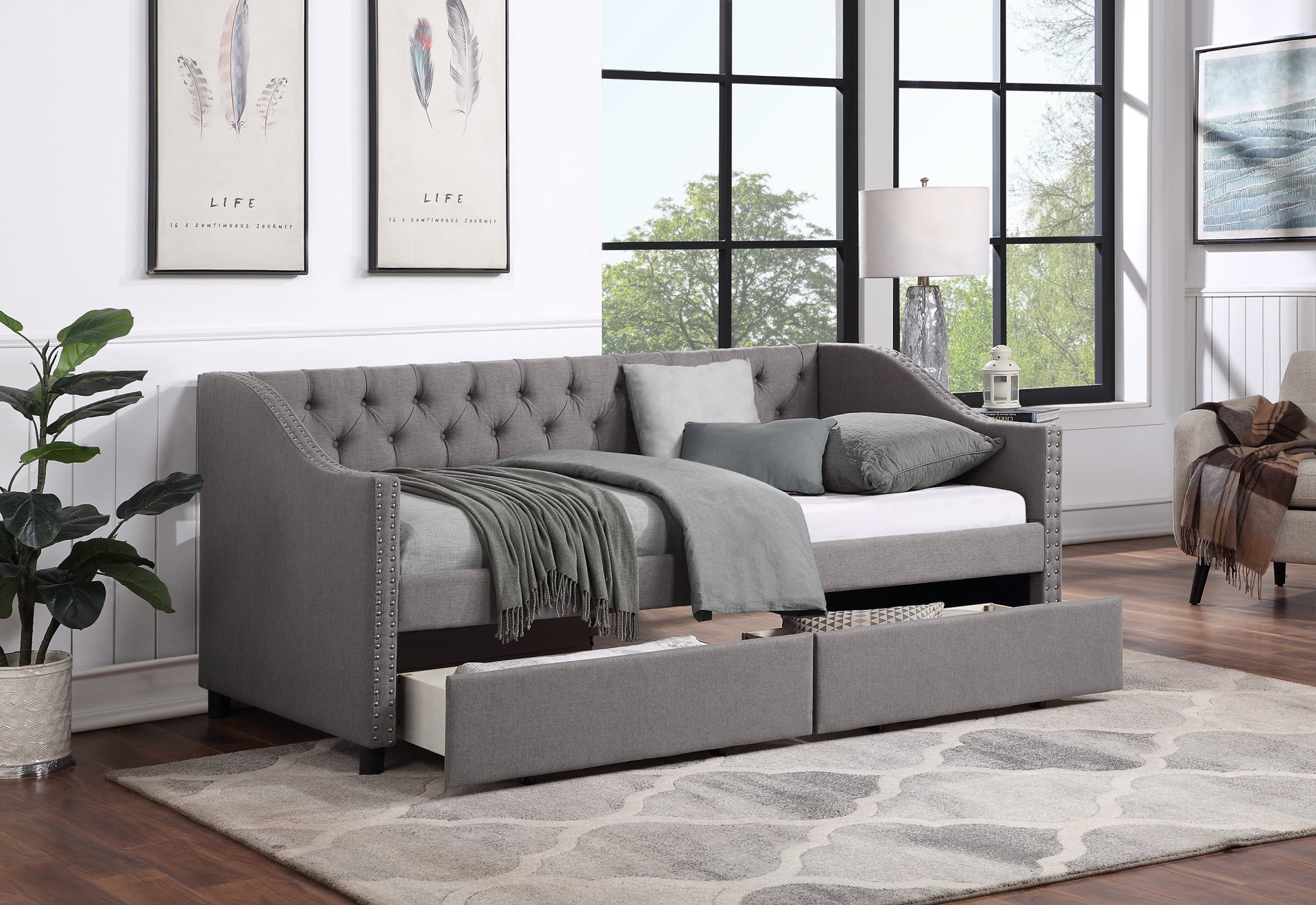 Twin Size Upholstered Daybed With Two Drawers, Slat Support - Gray - Image 14