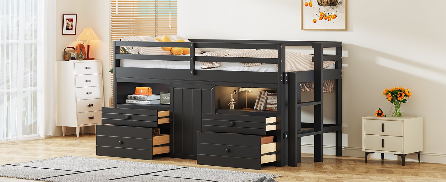 Twin Size Loft Bed With 4 Drawers, Underneath Cabinet And Shelves - Espresso - Image 15