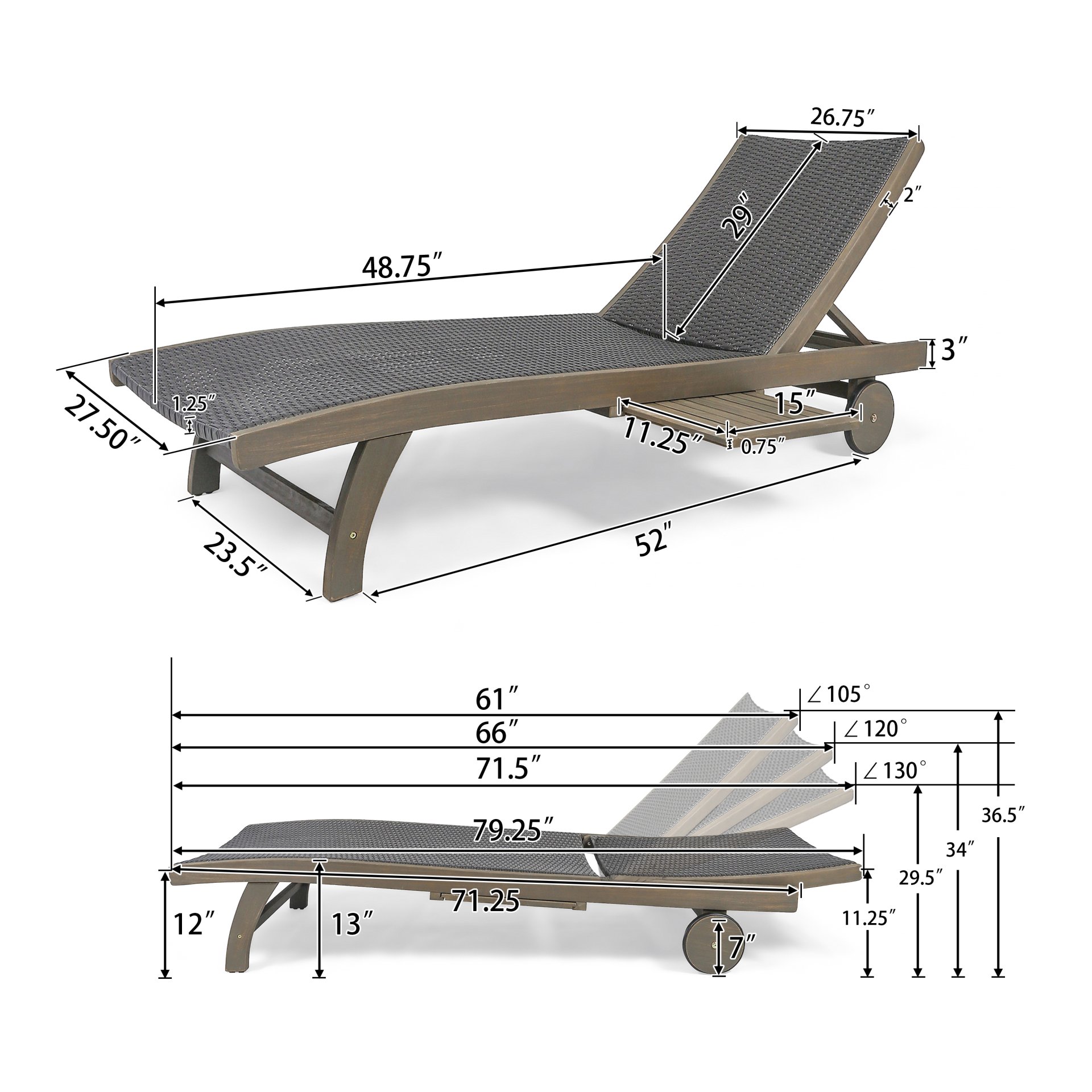 Outdoor Chaise Lounge With Pull Out Tray And Wicker Seat - Gray - Image 3