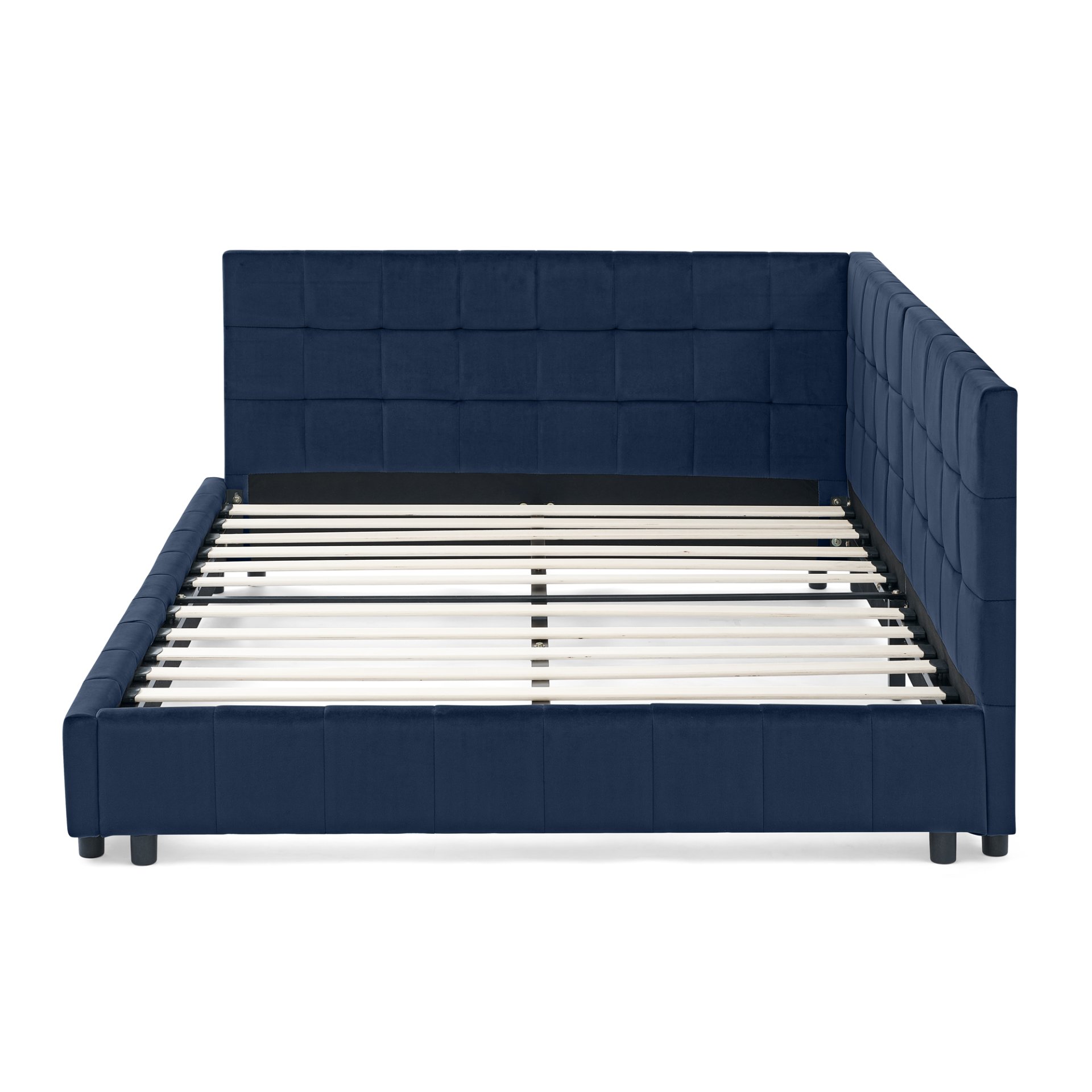 Mid Century Velvet Full Size Upholstered Tufted Bed Frame With Comfortable Backrest And Armrests - Dark Blue - Image 12