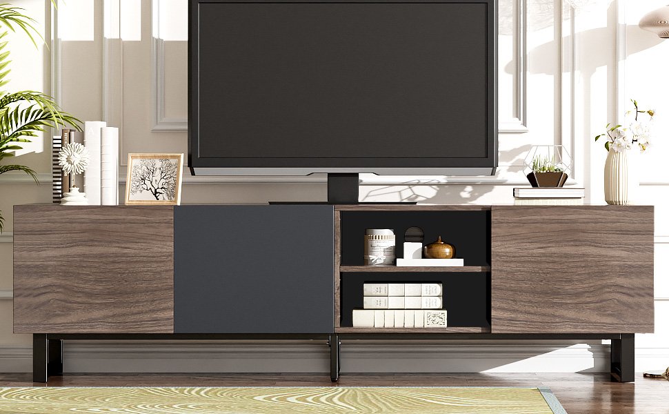 Modern TV With 3 Cabinets & Open Shelves, Color-Matching Media Console Table For Tvs Up To 80'', Entertainment Center With Drop Down Door For Living Room - Dark Brown - Image 23