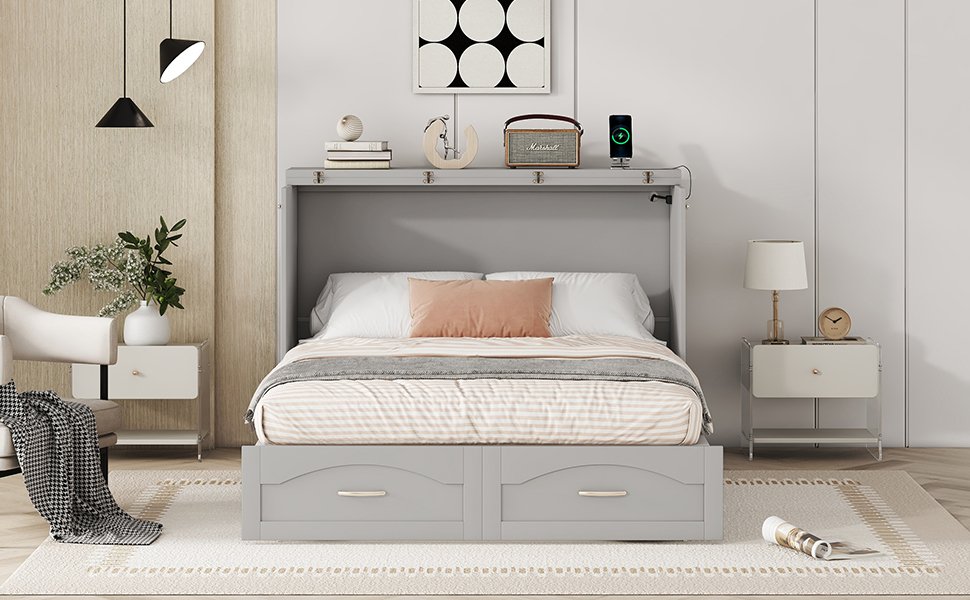 Full Size Murphy Wall Bed With Drawer And A Set Of Sockets & USB Ports, Pulley Structure Design - Gray - Image 13