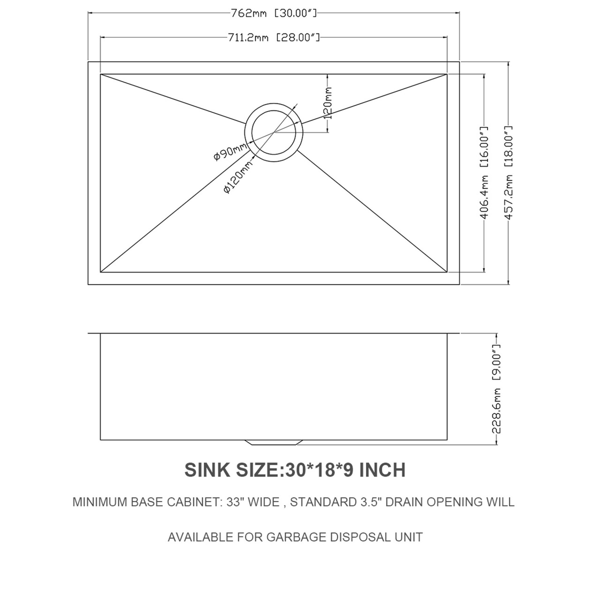 30" Undermount Kitchen Sink, 16 Gauge, 9" Deep Single Bowl - Brushed Nickel - Image 3