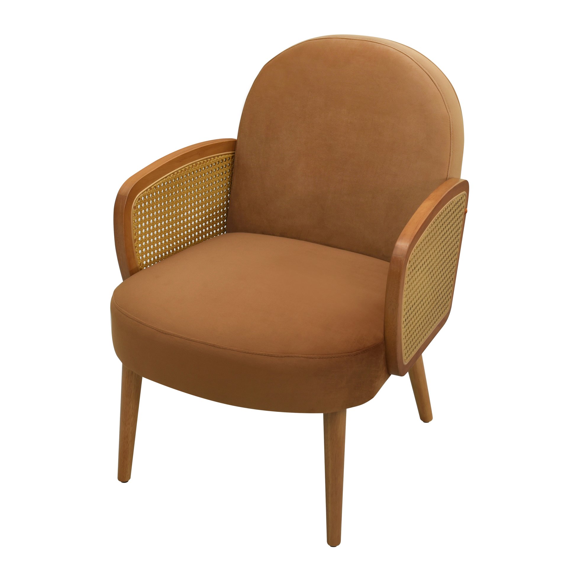 Mid Century Accent Chair With Rattan Armrests And Wooden Legs Velvet For Living Room, Bedroom, Or Balcony - Brown - Image 7
