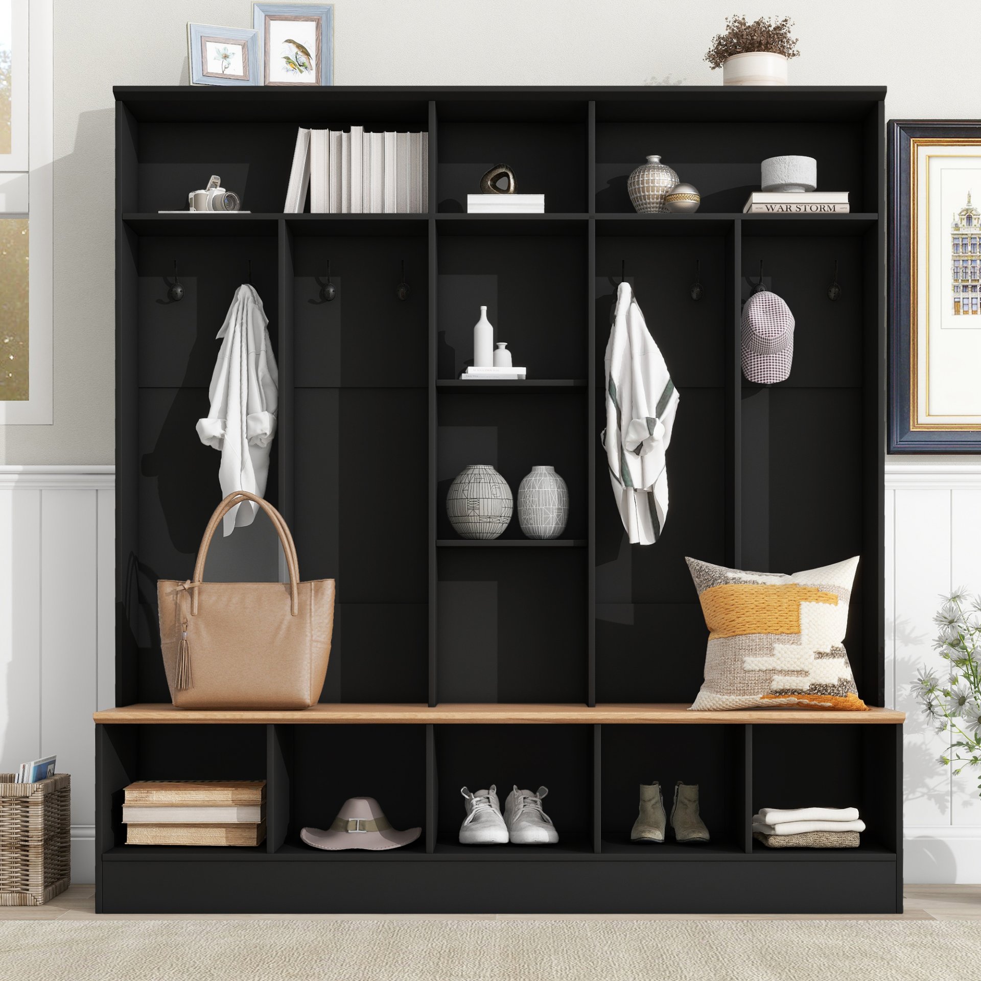Wide Design Hall Tree With Storage Bench, Minimalist Shoe Cabinet With Cube Storage & Shelves, Multifunctional Coat Rack With 8 Hooks For Entryways, Mudroom - Black - Image 4