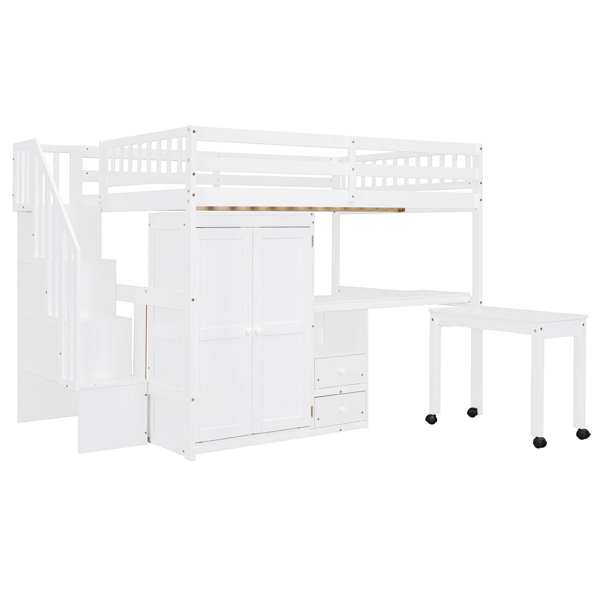 Full Size Loft Bed With Stairs, Bookshelf, Drawers, Desk & Wardrobe, Space Saving Multifunctional Furniture - White - Image 18