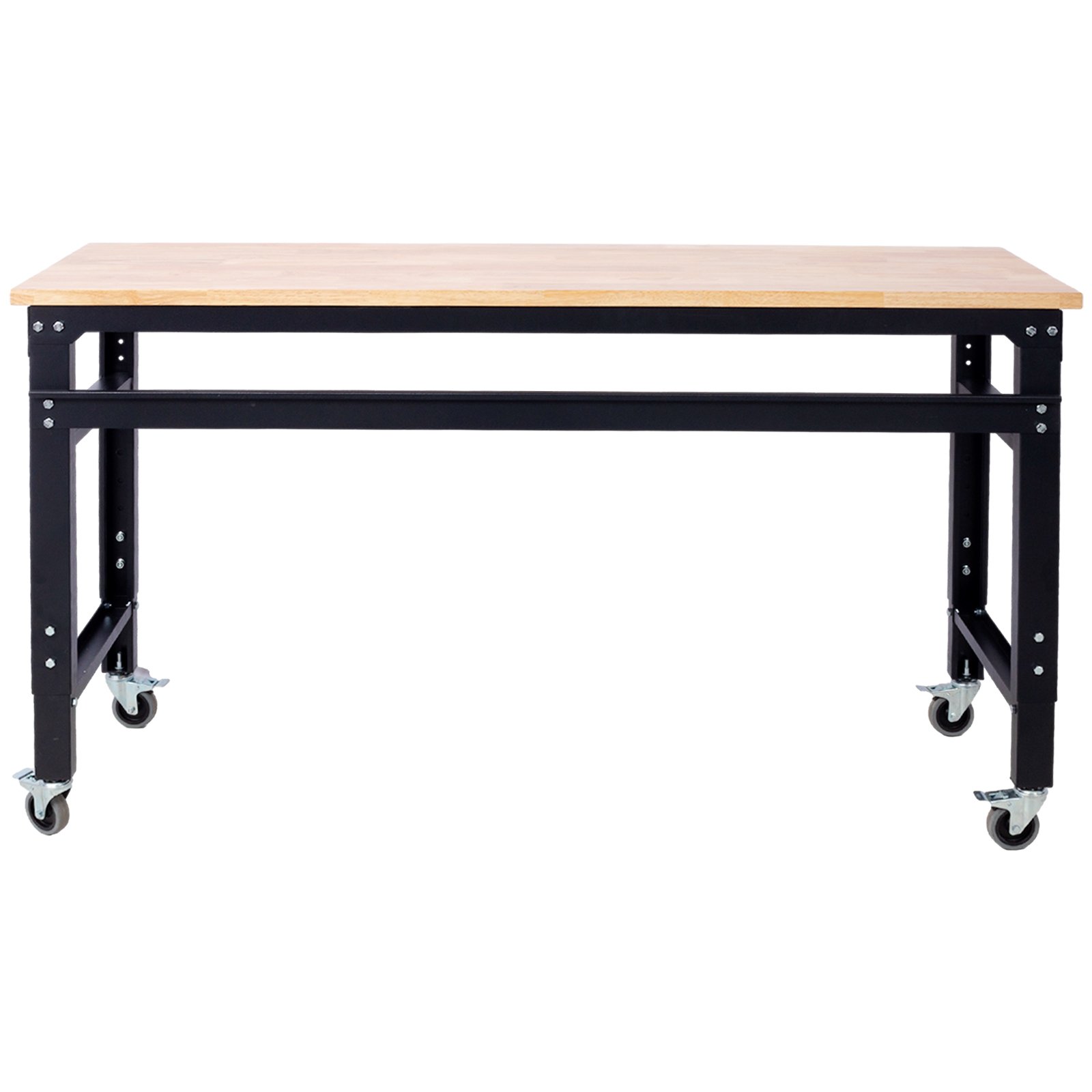 60" Wide Rolling Workbench For Garage, Adjustable Height, Workshop Tool Bench, Metal With Rubber Wood Top - Black / Light Brown - Image 12