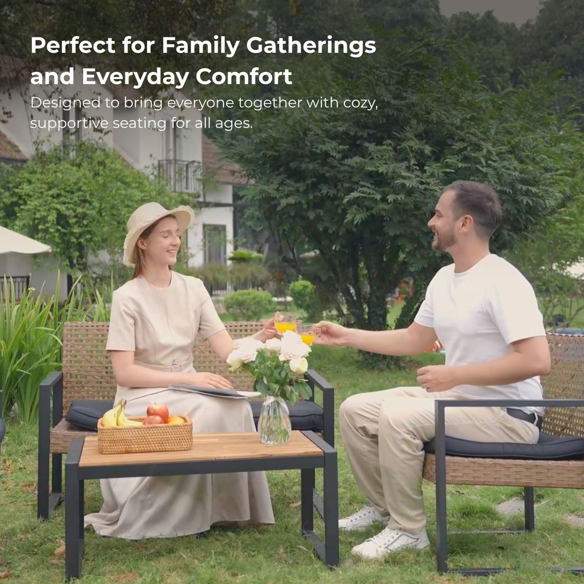 4 Piece Patio Furniture Set Outdoor Balcony Porch Garden Backyard Lawn Furniture Acacia Wood Table Top, Morden - Black And Light Brown - Image 7