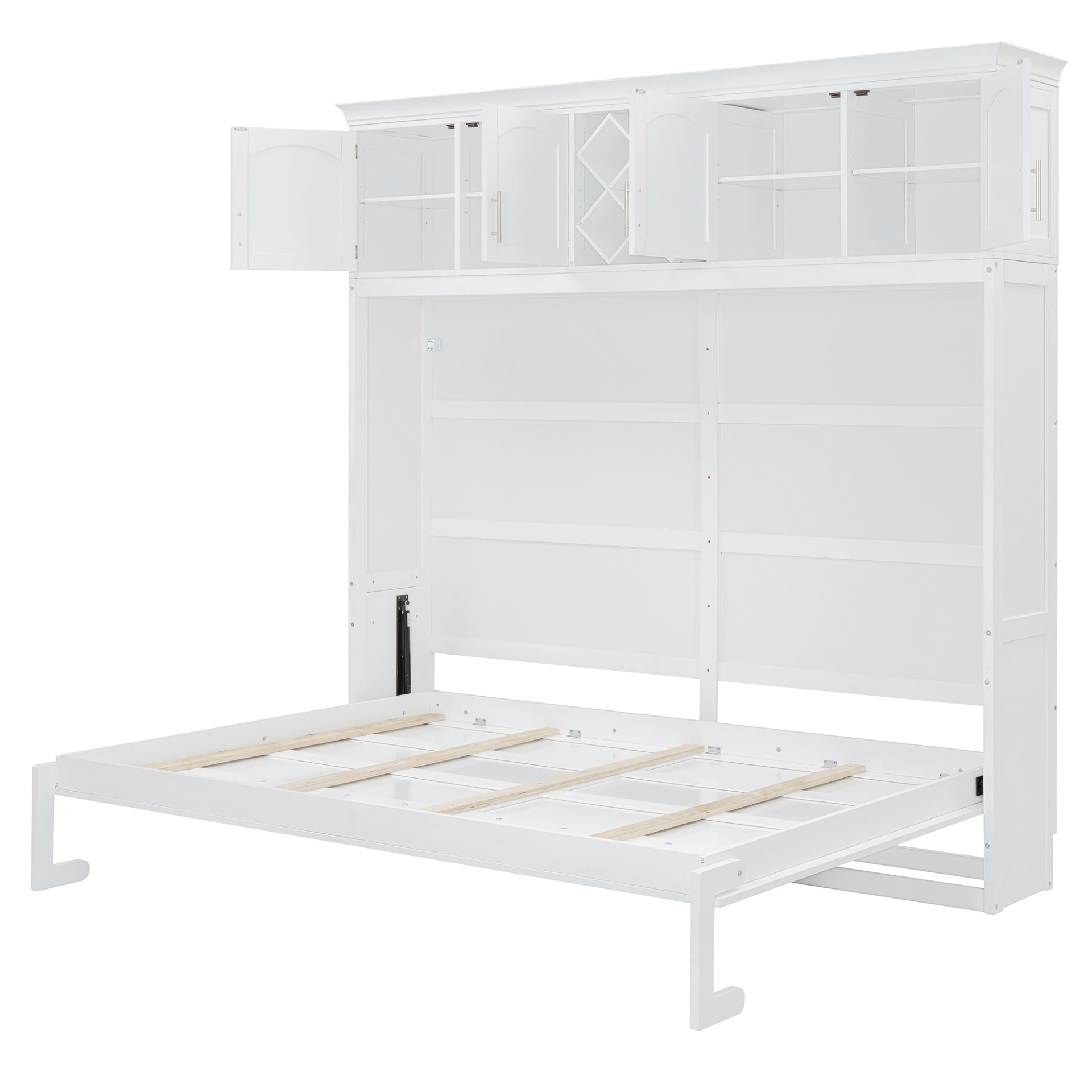 Queen Size Murphy Wall Bed With Top Cabinets & Wine Rack - White - Image 7