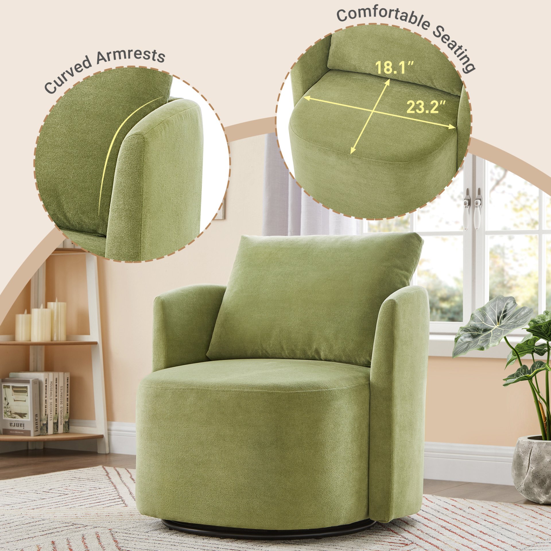 360° Swivel Chair, Accent Barrel Armchair, Upholstered With Curved Design - Green - Image 7