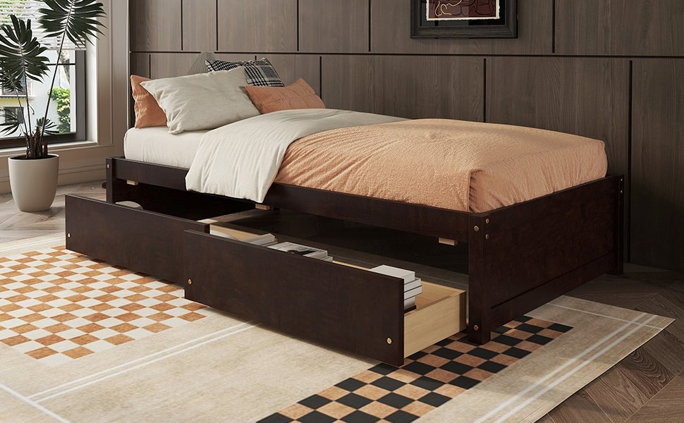 Twin Bed With 2 Drawers, Solid Wood, No Box Spring Needed - Espresso - Image 5