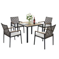 All Weather 5 Piece Patio Dining Table Set, Acacia Wood Table Top With Umbrella Hole, Rattan Outdoor - Coffee Brown