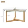 Round Glass Coffee Table Modern Cocktail Table With Tempered Glass Top & Sturdy Wood Base - Natural - Image 3