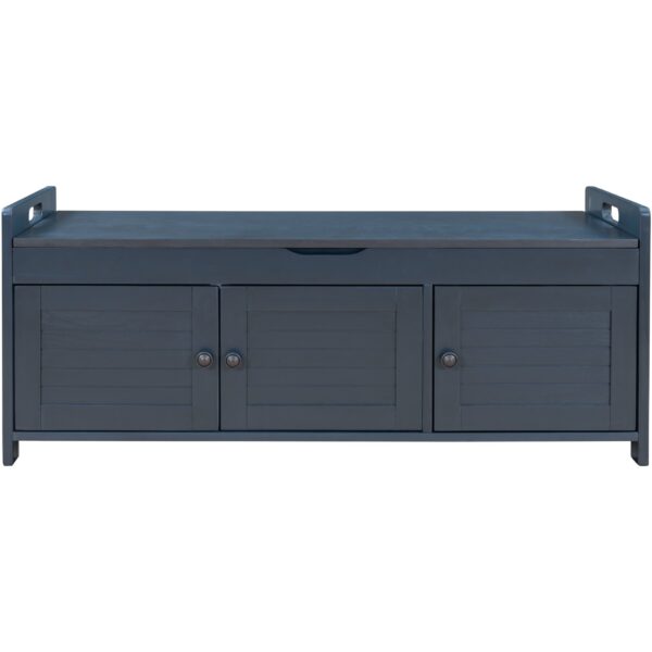 Storage Bench With 3 Shutter-Shaped Doors, Shoe Bench With Removable Cushion And Hidden Storage Space - Antique Navy