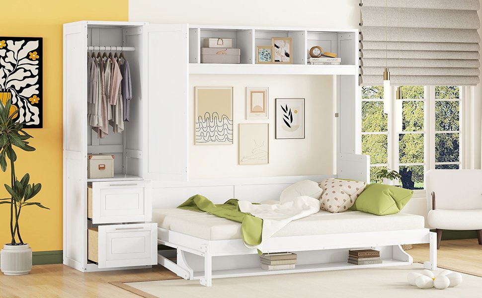 Queen Size Murphy Wall Bed With Closet And Drawers - White - Image 16