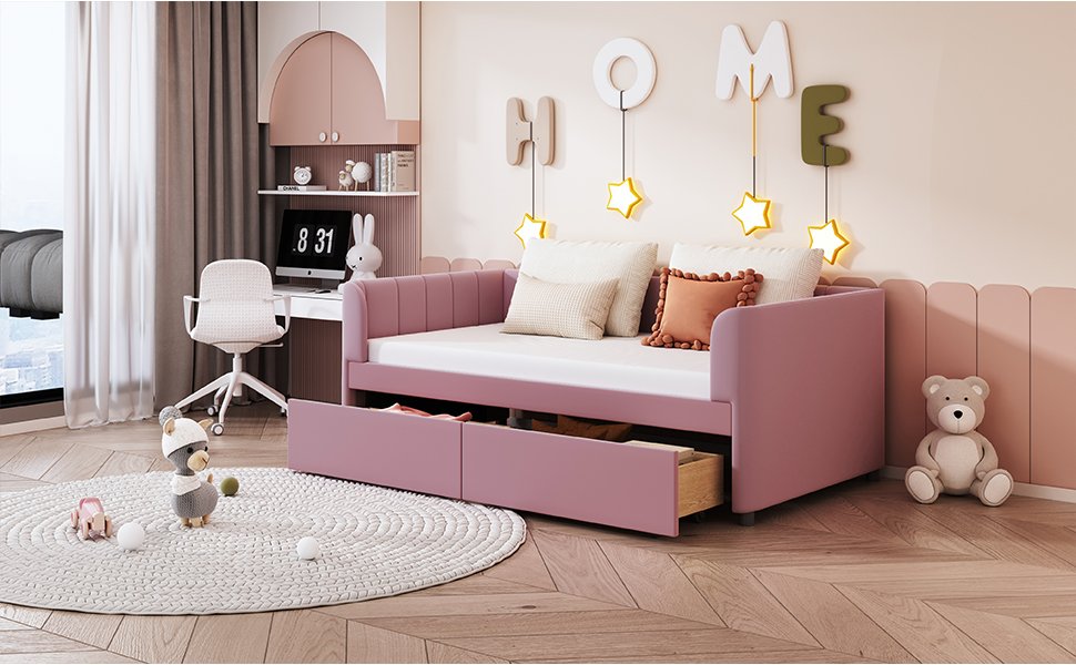 Twin Size Upholstered Daybed With Ergonomic Design Backrest And 2 Drawers - Pink - Image 12