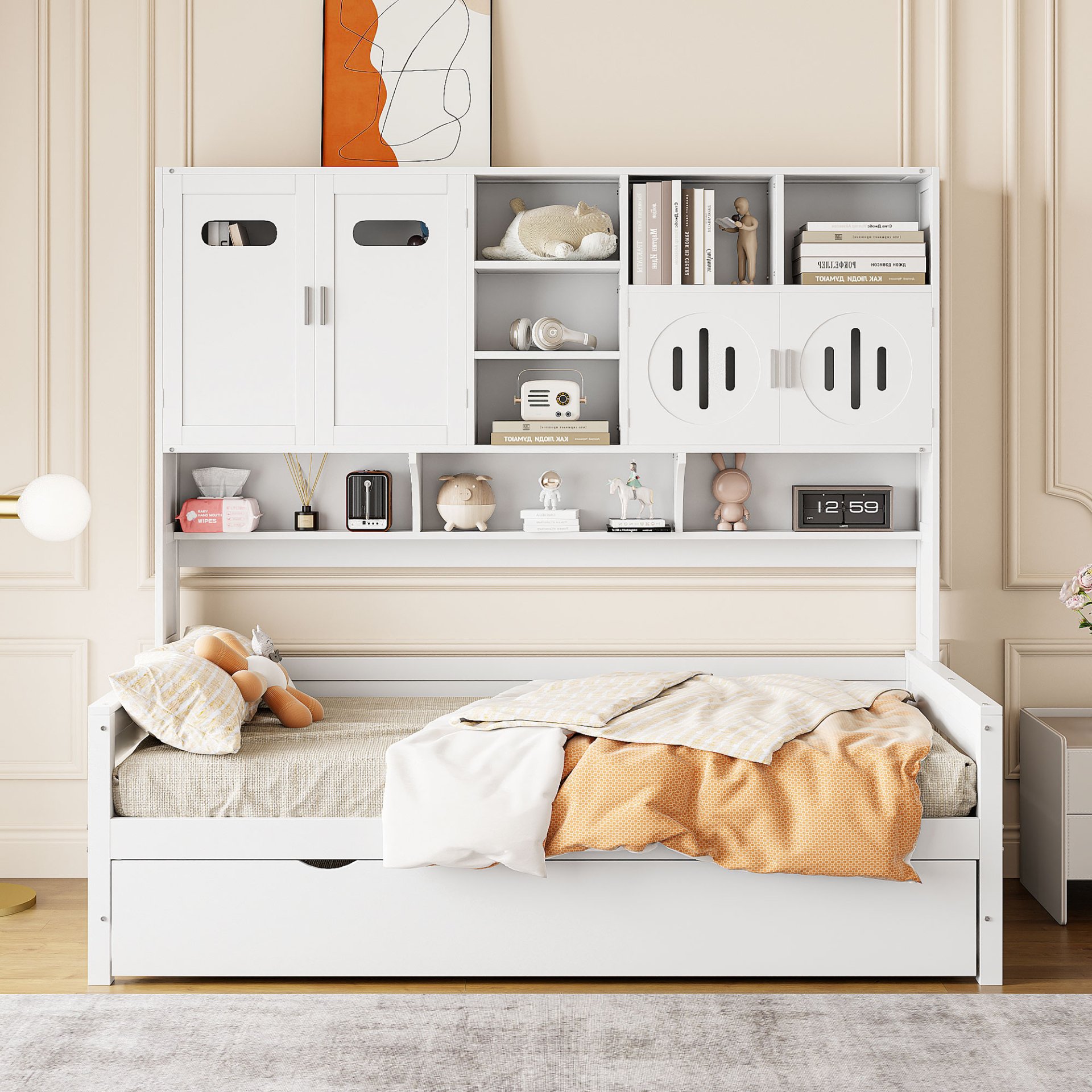 Twin Size Wooden Daybed With Twin Size Trundle, And All In One Cabinet And Shelf - White - Image 2