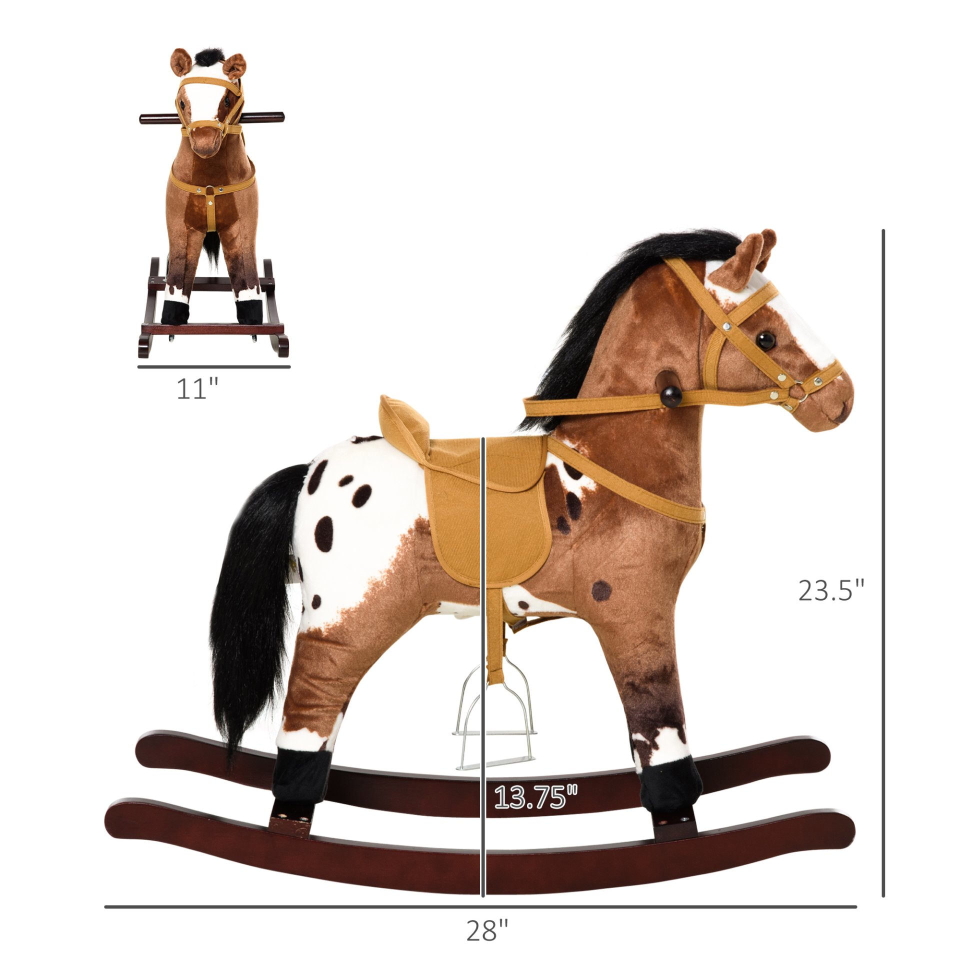 Qaba - Kids Metal Plush Ride-On Rocking Horse Chair Toy With Realistic Sounds - Dark Brown / White - Image 3