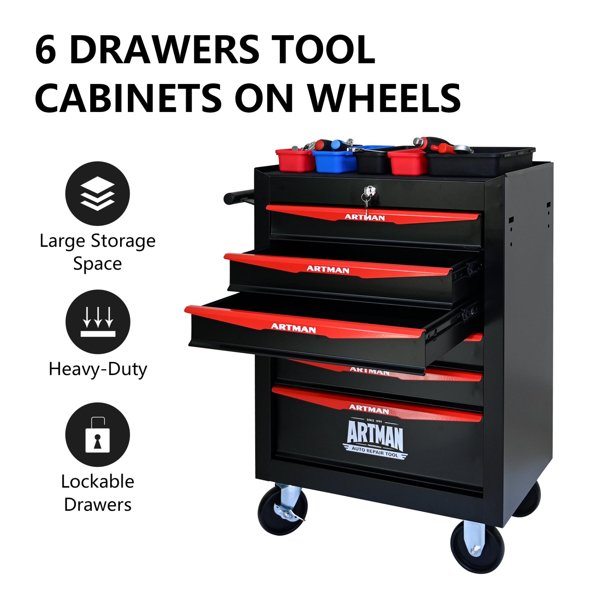 Rolling Metal Tool Chest With 6 Drawers, 20" Steel Storage Cabinet With Ball Bearing Slides - Black / Red - Image 4