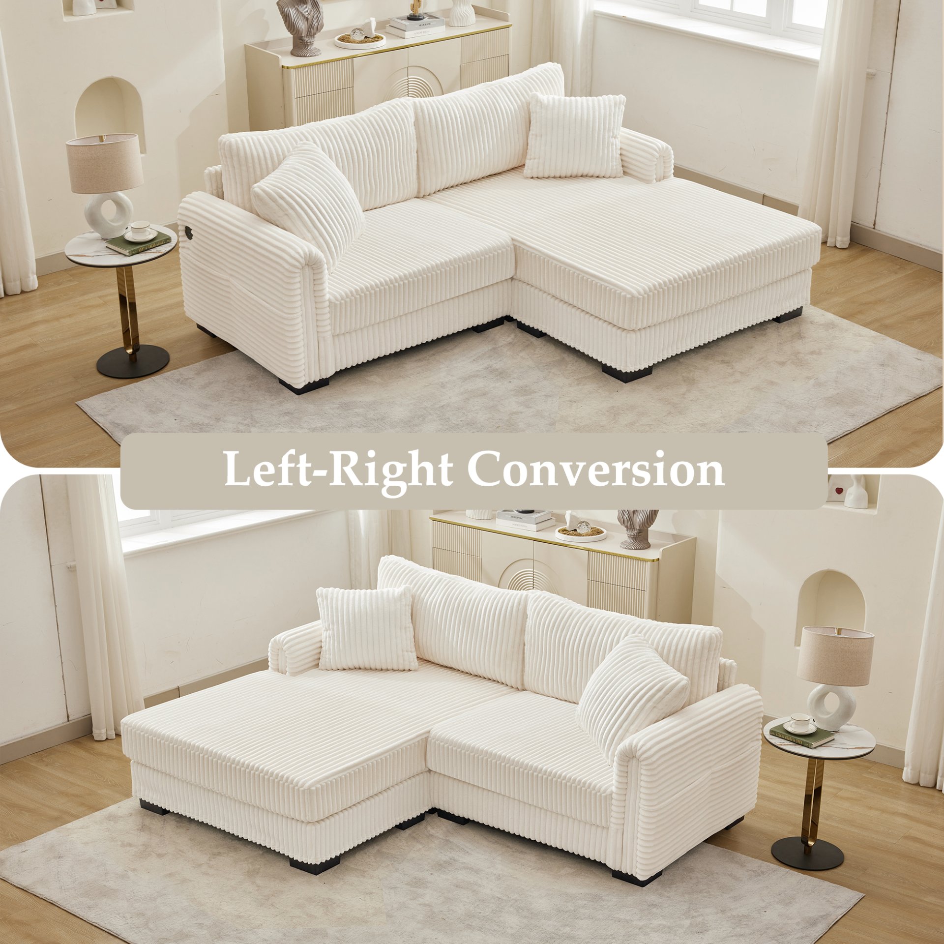 2 Seater L Shaped Chaise Sofa With Reversible Cushion Corduroy Fabric, USB - C Charging Port, Storage Pocket, Convertible Left / Right Design For Living Room - Beige - Image 5