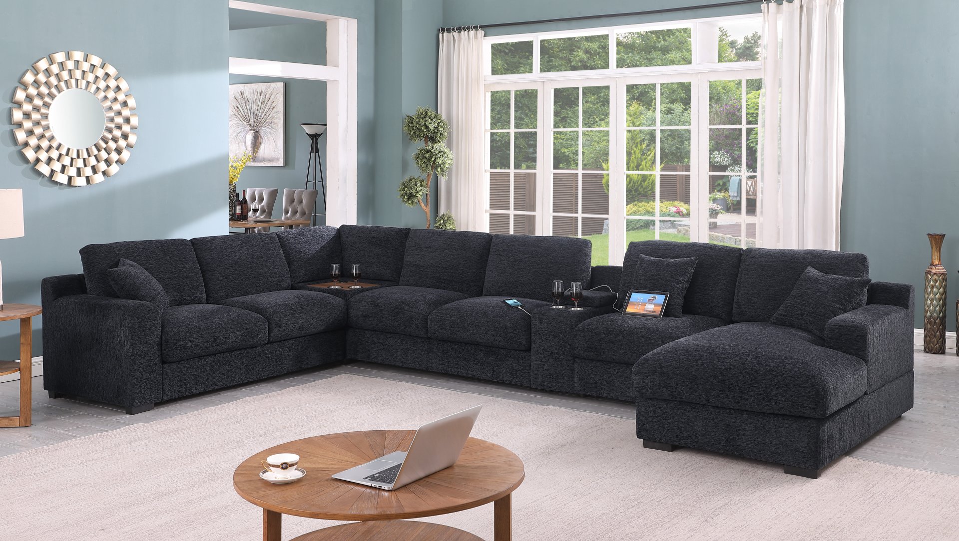 Celine - Chenille Fabric Corner Sectional Sofa With Right Facing Chaise, Cupholders, And Charging Ports - Dark Gray - Image 7