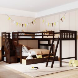 Twin Over Full L Shaped Bunk Bed With 3 Drawers, Ladder And Staircase - Espresso