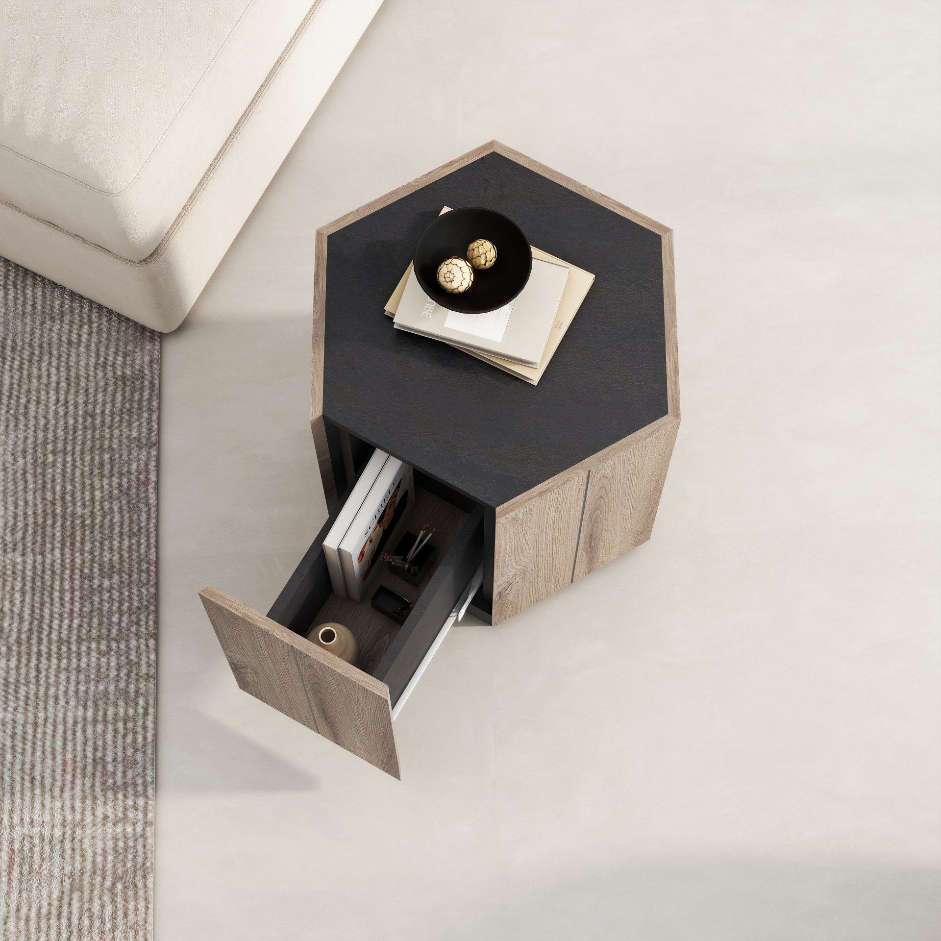 Hexagonal Rural Style Garden Retro With Drawer Living Room Corner Table Bedroom Bedside Table - Light Oak - Image 6