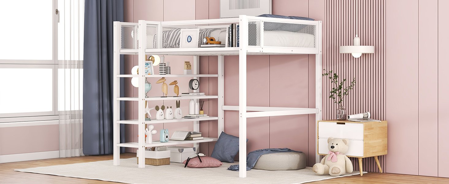 Twin Size Loft Bed With 4 Tier Shelves And Storage - White - Image 14