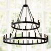 2 Tiers Wagon Wheel Chandelier Wooden Farmhouse 36 Light (24 / 12) Or (12 / 24) Metal Chandeliers 2 Story Light Fixtures Industrial For High Ceiling Living Dining Room Foyer, Adjustable Height - Black - Image 2