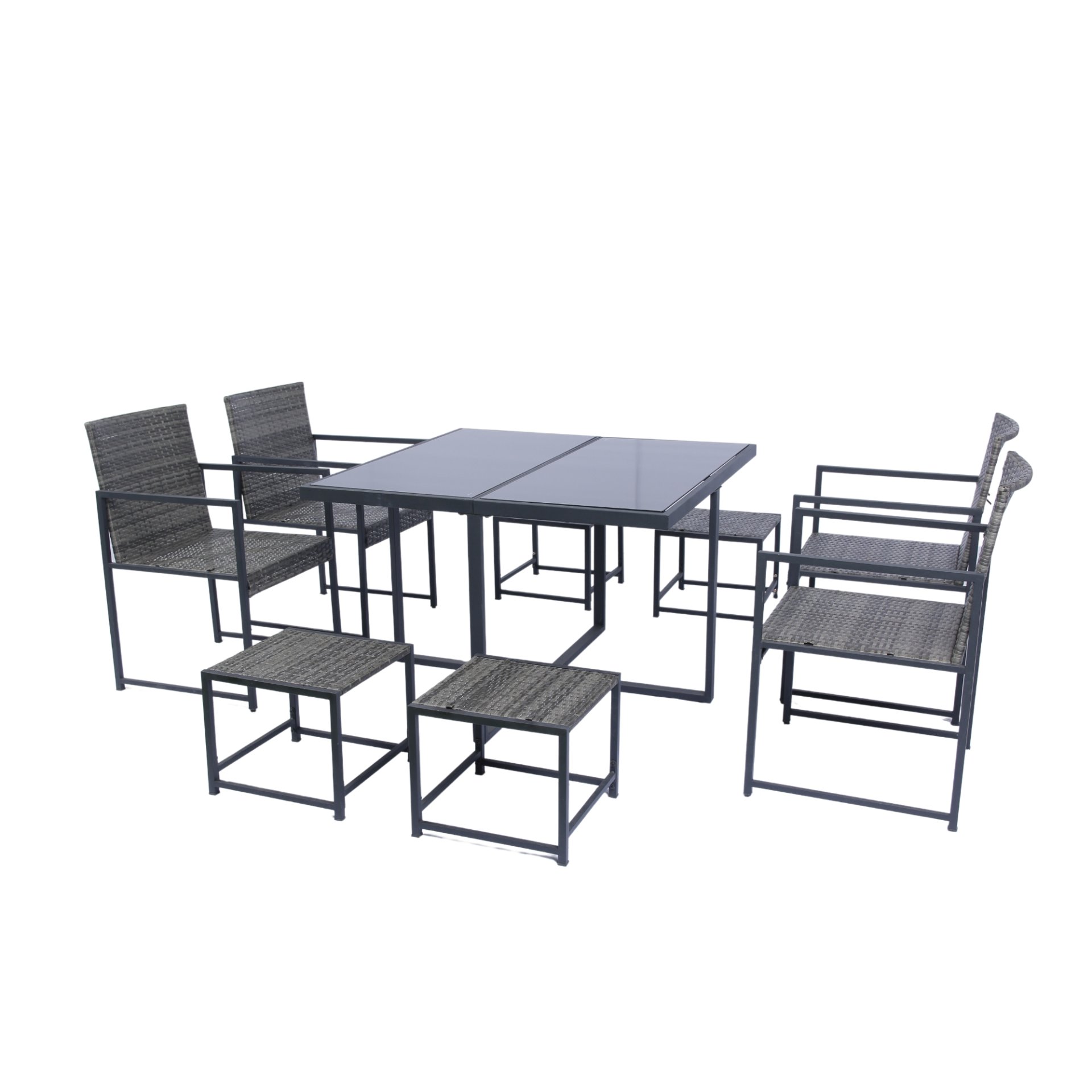 9 Pieces Patio Dining Sets Outdoor Space Saving Rattan Chairs With Glass Table Top Wicker And Cushion - Dark Gray - Image 12
