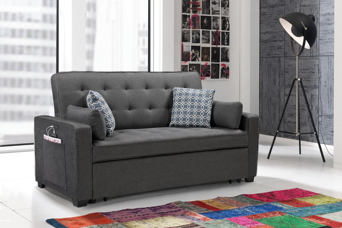 William - Modern Fabric Sleeper Sofa With 2 USB Charging Ports And 4 Accent Pillows - Gray - Image 2