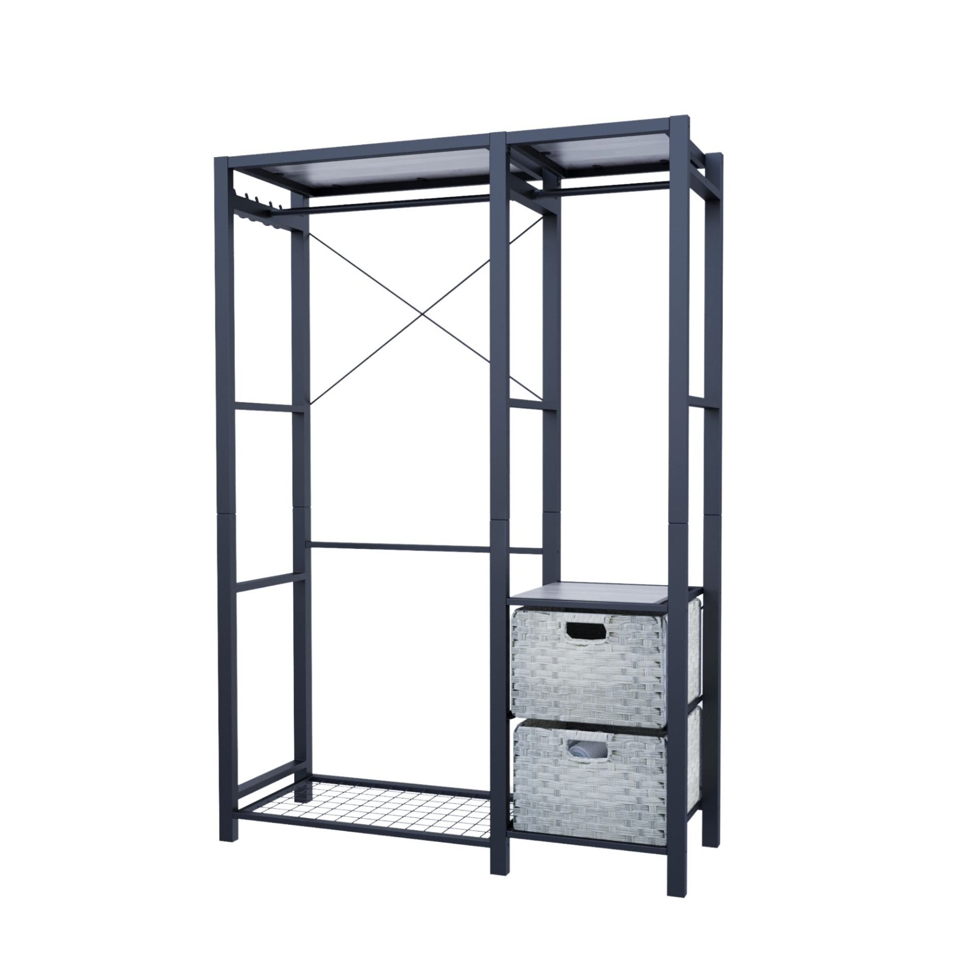 Acacia Wood Garment Rack With Shelves, 2 Wicker Drawers, 4 Hooks, Heavy Duty Closet Organizer - Light Gray - Image 8