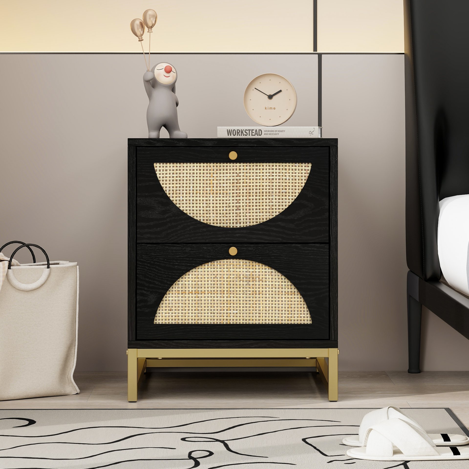 Allen - 2 Drawer Side Table, Display Rack For Bedroom And Living Room, Nightstand Side Table Bedroom Storage Drawer Bedside End Table - Black / Beige - Image 3
