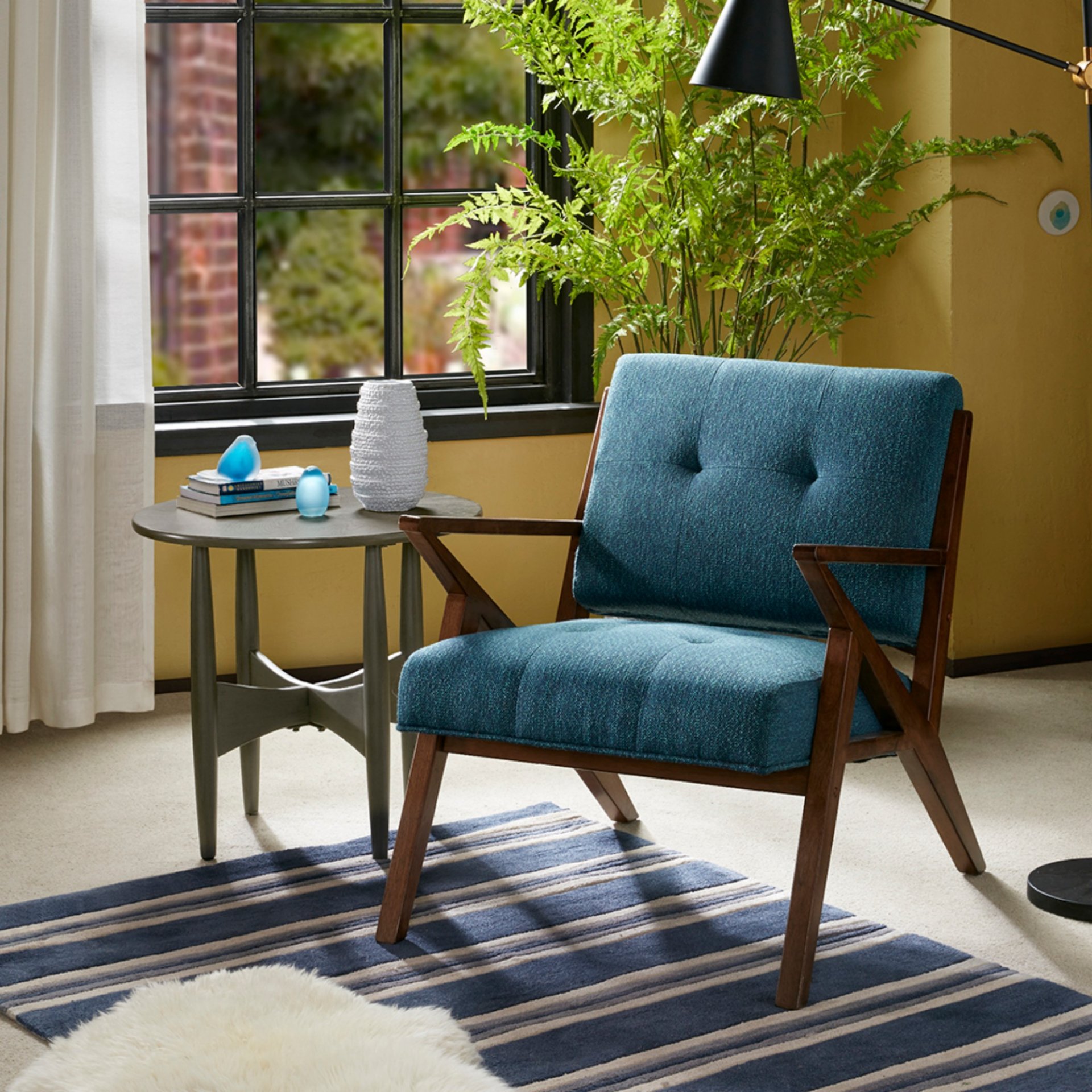 Lounge Chair With Tufted Upholstery And Solid Wood Frame - Blue / Pecan - Image 2