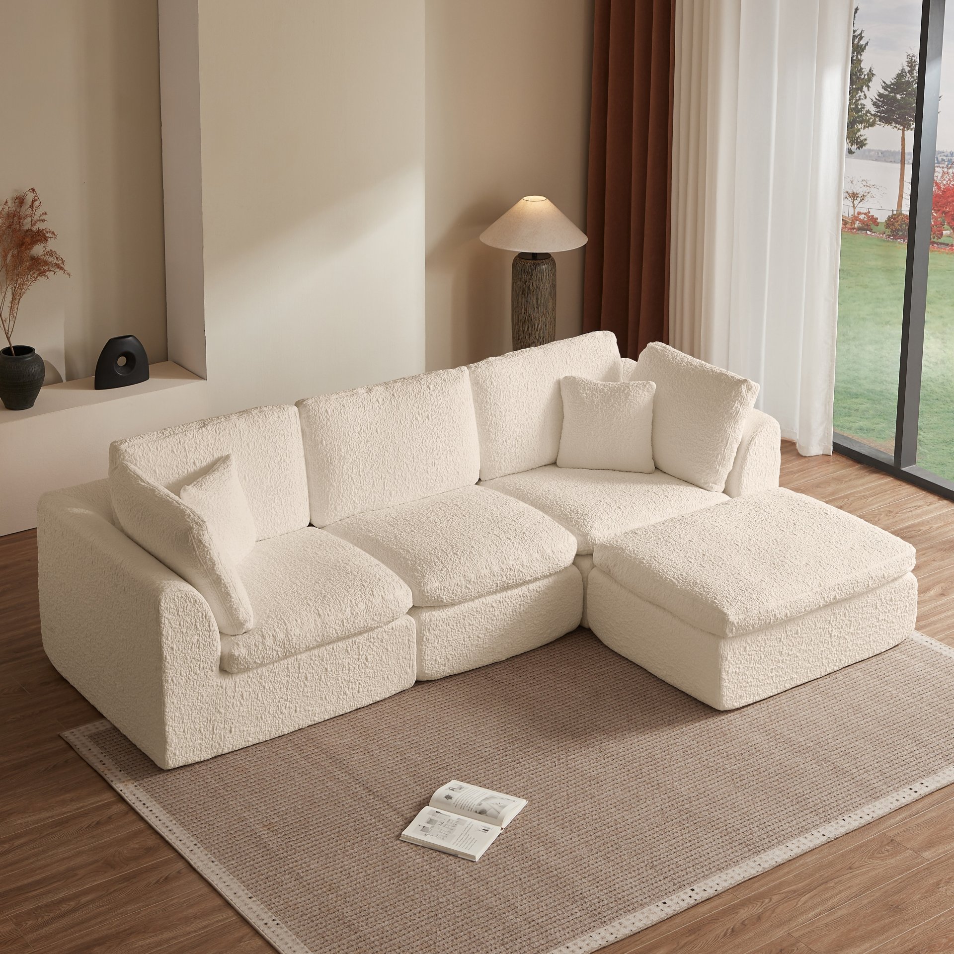 Cloud L Shape Modular Sectional Sofa With Ottoman, 3 Seater Convertible Couch - Beige - Image 4