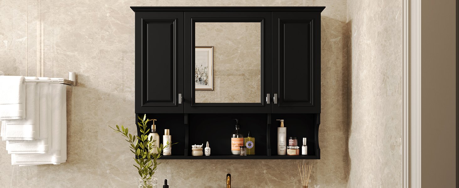 Wall Mounted Bathroom Medicine Cabinet, Modern Bathroom Wall Cabinet With Mirror, Mirror Cabinet With Open Shelves - Black - Image 24
