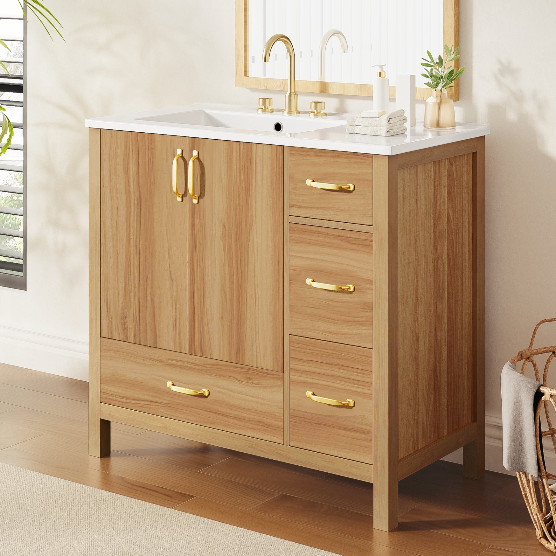 36" Bathroom Vanity, 2 Soft Close Doors, 4 Soft Close Drawers, Adjustable Shelf, Storage Cabinet - Acacia Wood - Image 4