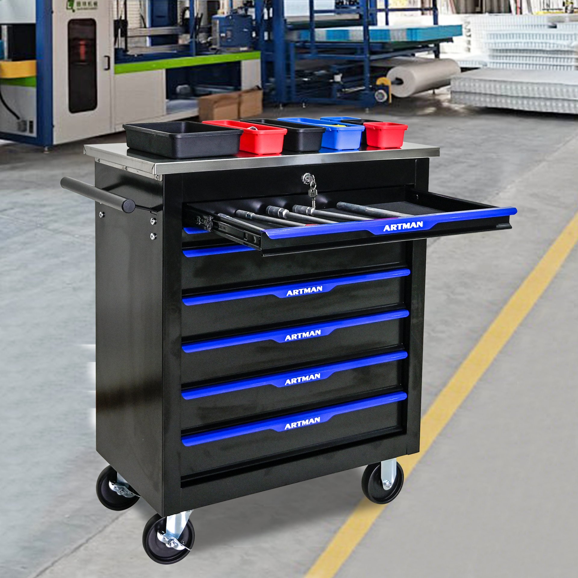 7 Drawer Multifunctional Tool Cart With Wheels - Black / Blue - Image 4