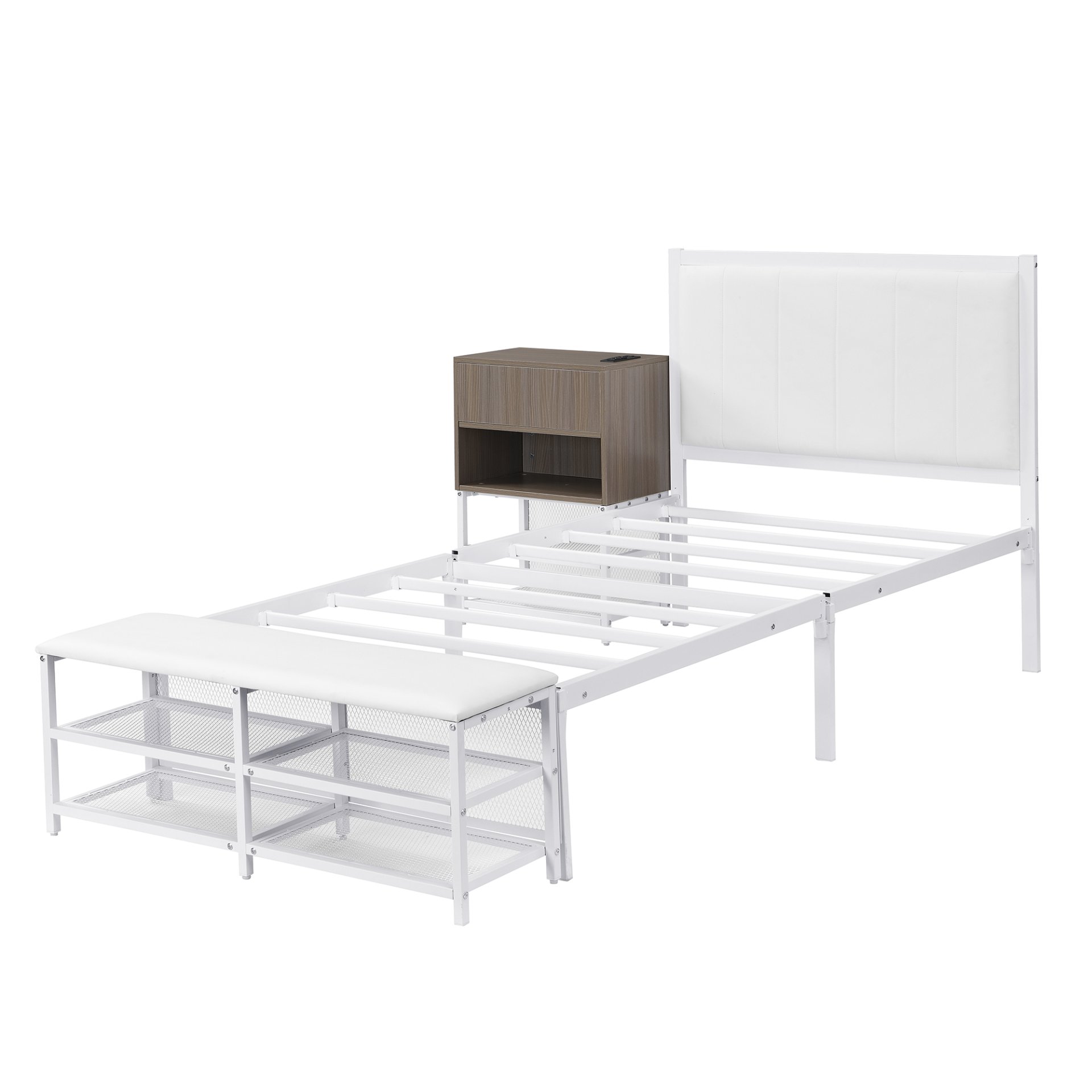 Twin Size Platform Bed With 2 Tier Storage Shelves, Storage Cabinet - White - Image 5